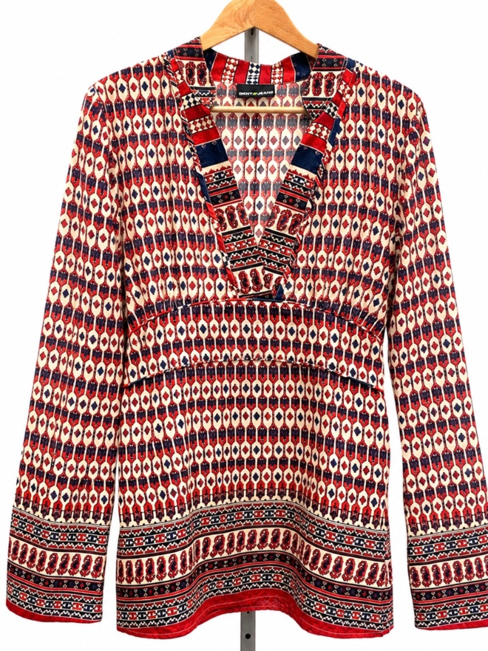 DKNY Jeans Red Navy Geometric Print Cotton Tunic Top Size 14